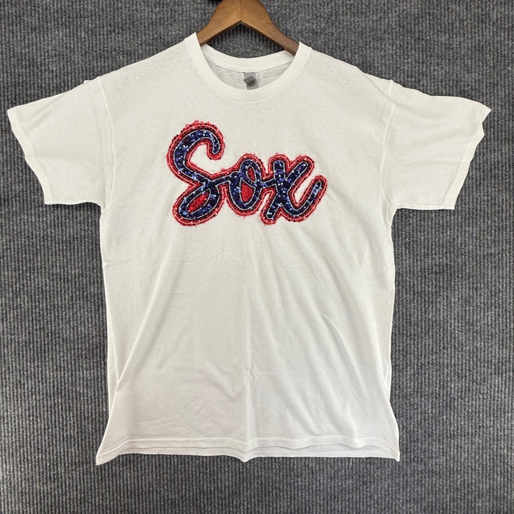 Gildan T-Shirt Unisex Large White Excellent Sox Sequin Graphic Heavy‎ Cotton